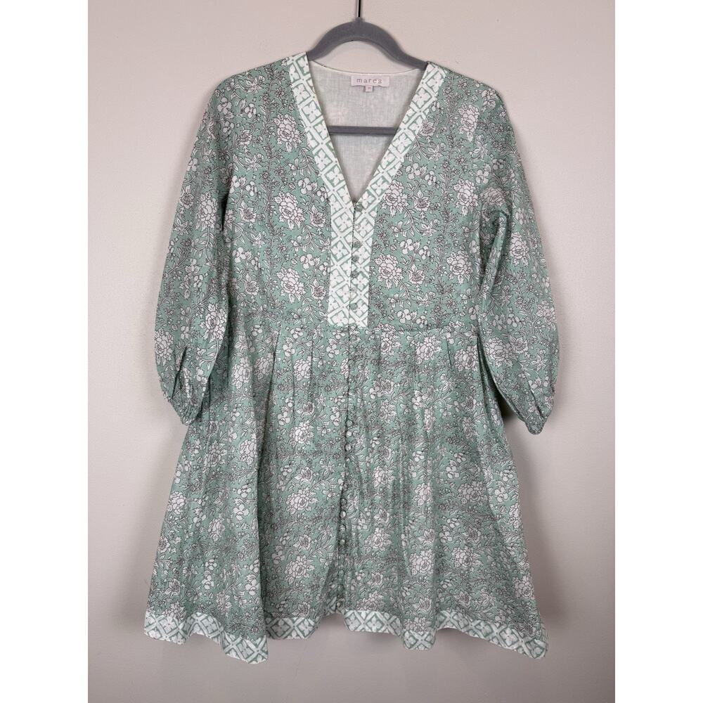 Marea Flora Solana Mini Dress Boho Flowy Floral Cotton Buttons Green White XS